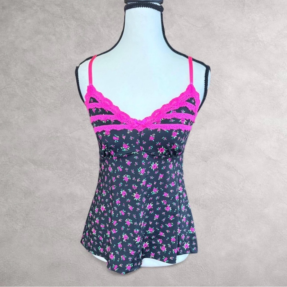 Marilyn Monroe Black Floral Cami with Hot Pink Lace Trim